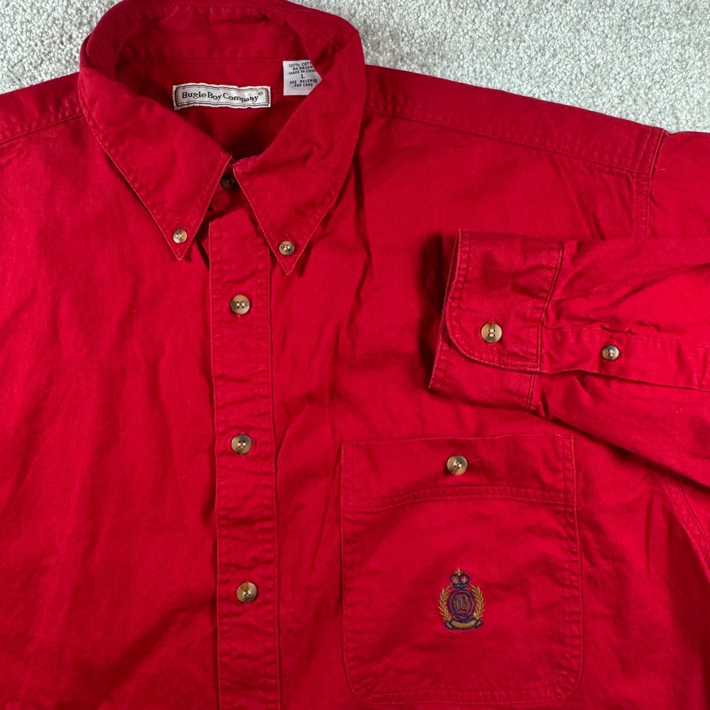 Bugle Boy Company Mens Red Cotton Button Down Long Sleeve Shirt Large Vintage